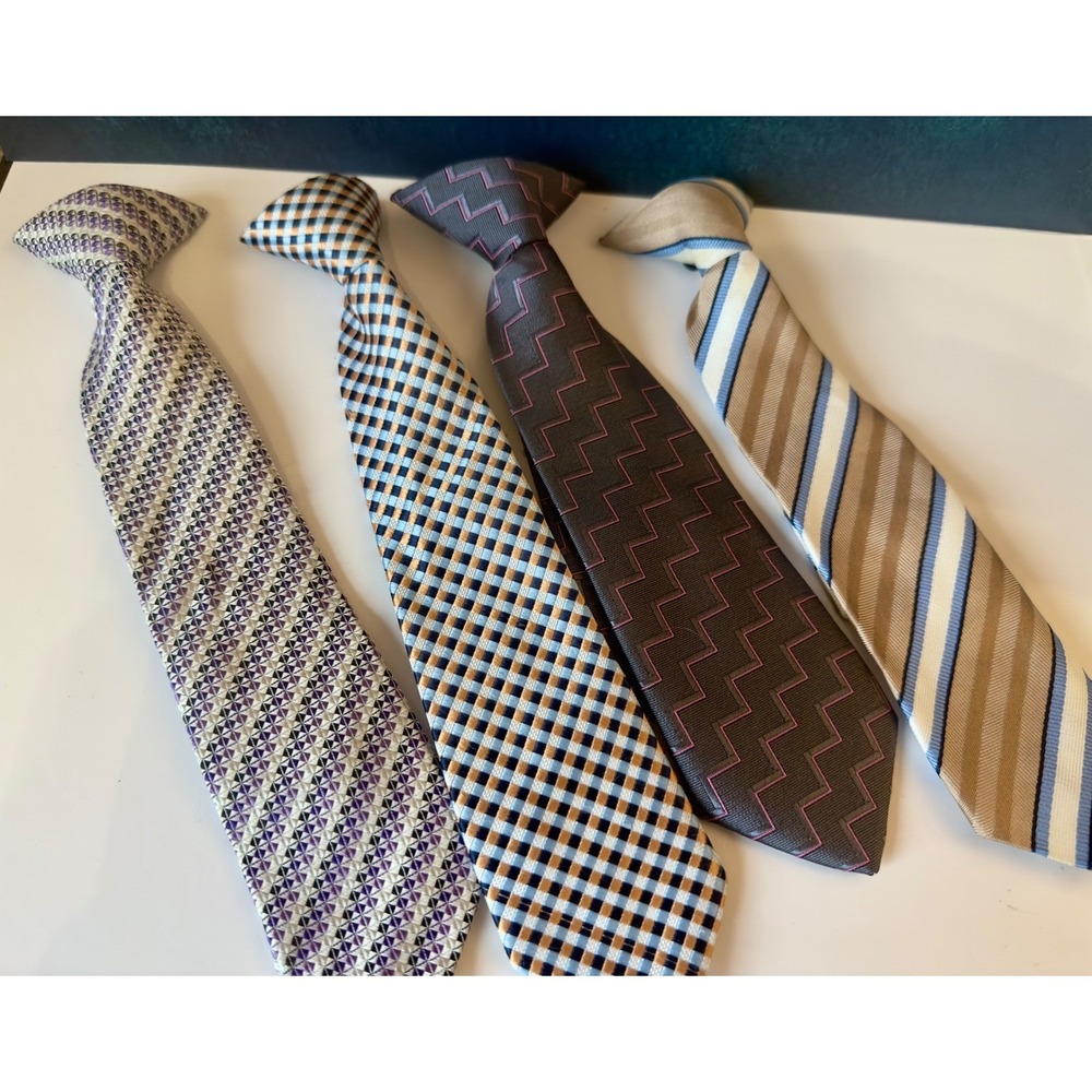 Boys Clip On Necktie Lot‎ of 4 Striped Plaid Geometric Formal Tie Ages 6-10